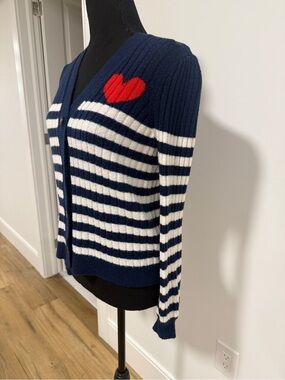 LOFT Petite S Navy White Striped Cardigan Red Heart V-Neck Button Front Preppy